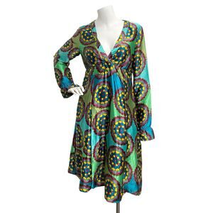 Desigual NEW $149 Graphic Dress Womens 42 Multicolor Vneck Flare Retro Preppy